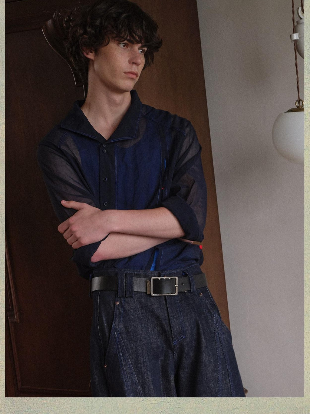 soknot Navy Oversized Asymmetrical Placket Sheer Men's Mesh Long Sleeve T-shirts
