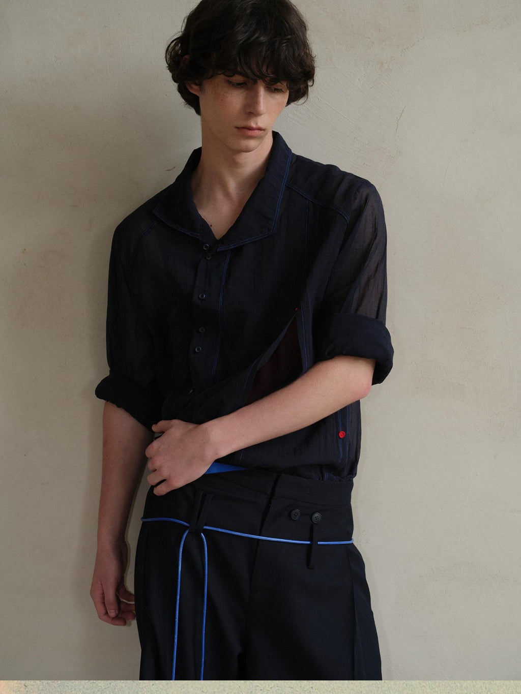 soknot Navy Oversized Asymmetrical Placket Sheer Men's Mesh Long Sleeve T-shirts