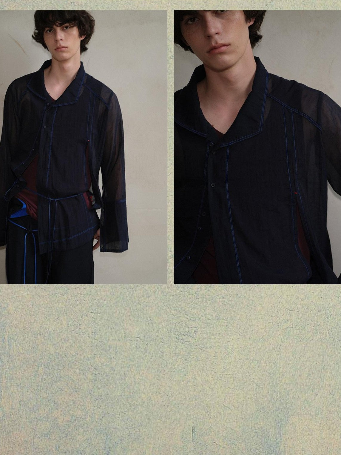 soknot Navy Oversized Asymmetrical Placket Sheer Men's Mesh Long Sleeve T-shirts