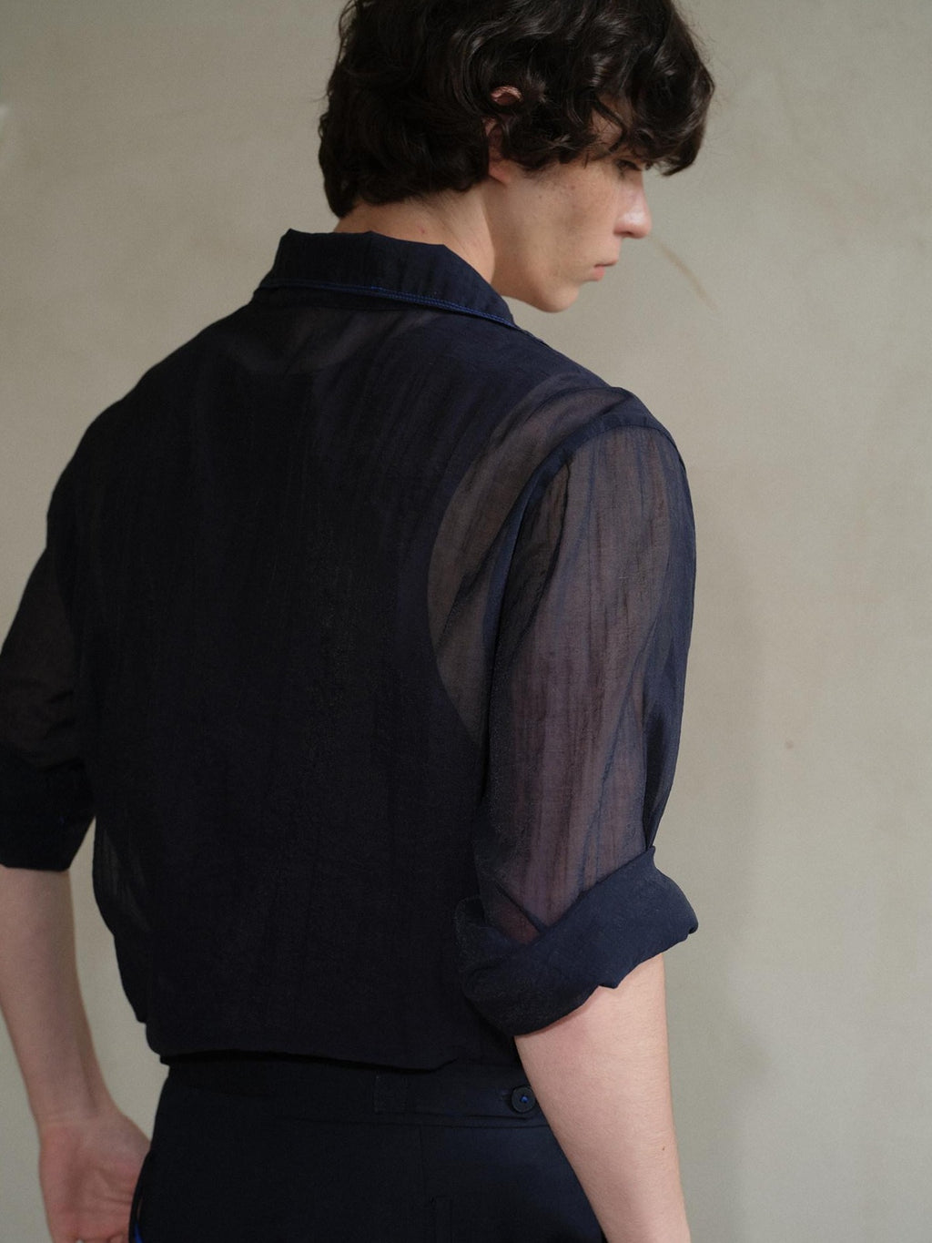 soknot Navy Oversized Asymmetrical Placket Sheer Men's Mesh Long Sleeve T-shirts