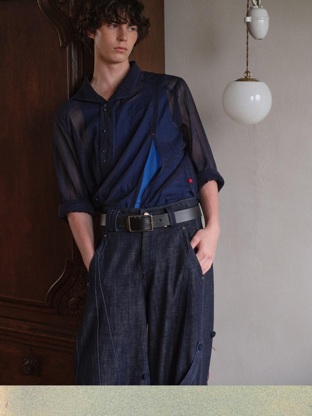 soknot Navy Oversized Asymmetrical Placket Sheer Men's Mesh Long Sleeve T-shirts