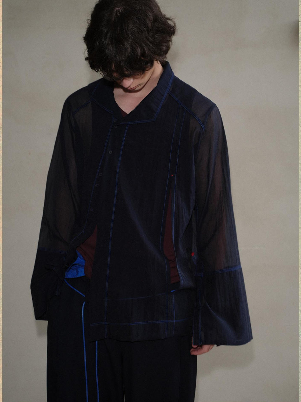 soknot Navy Oversized Asymmetrical Placket Sheer Men's Mesh Long Sleeve T-shirts
