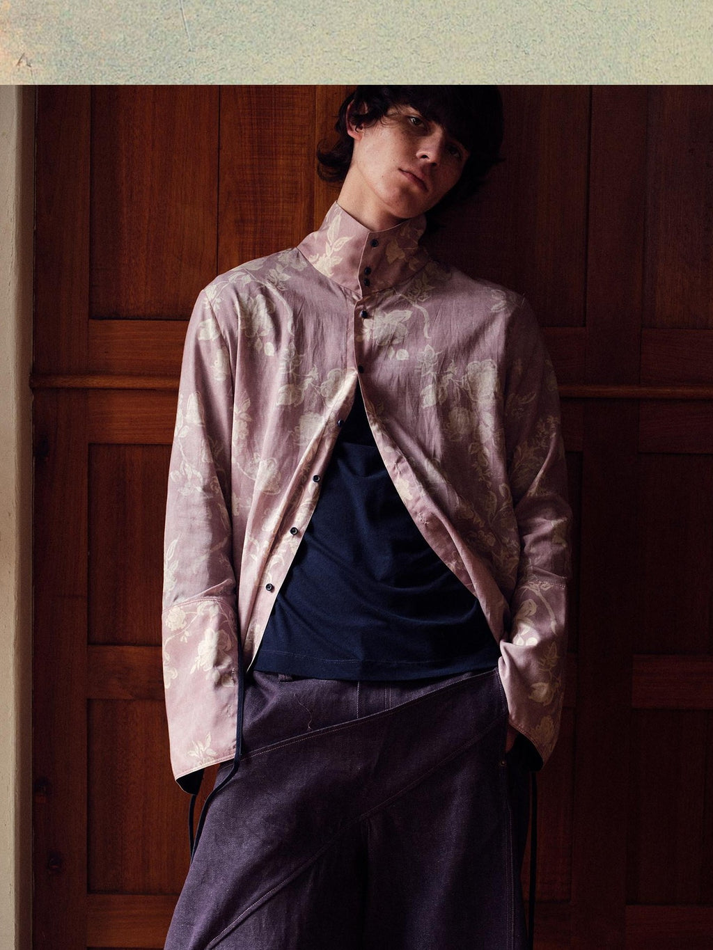 soknot Pink Purple Chinese Stand Collar Printed Flared Cuff Men's Lyocell Print Shirts