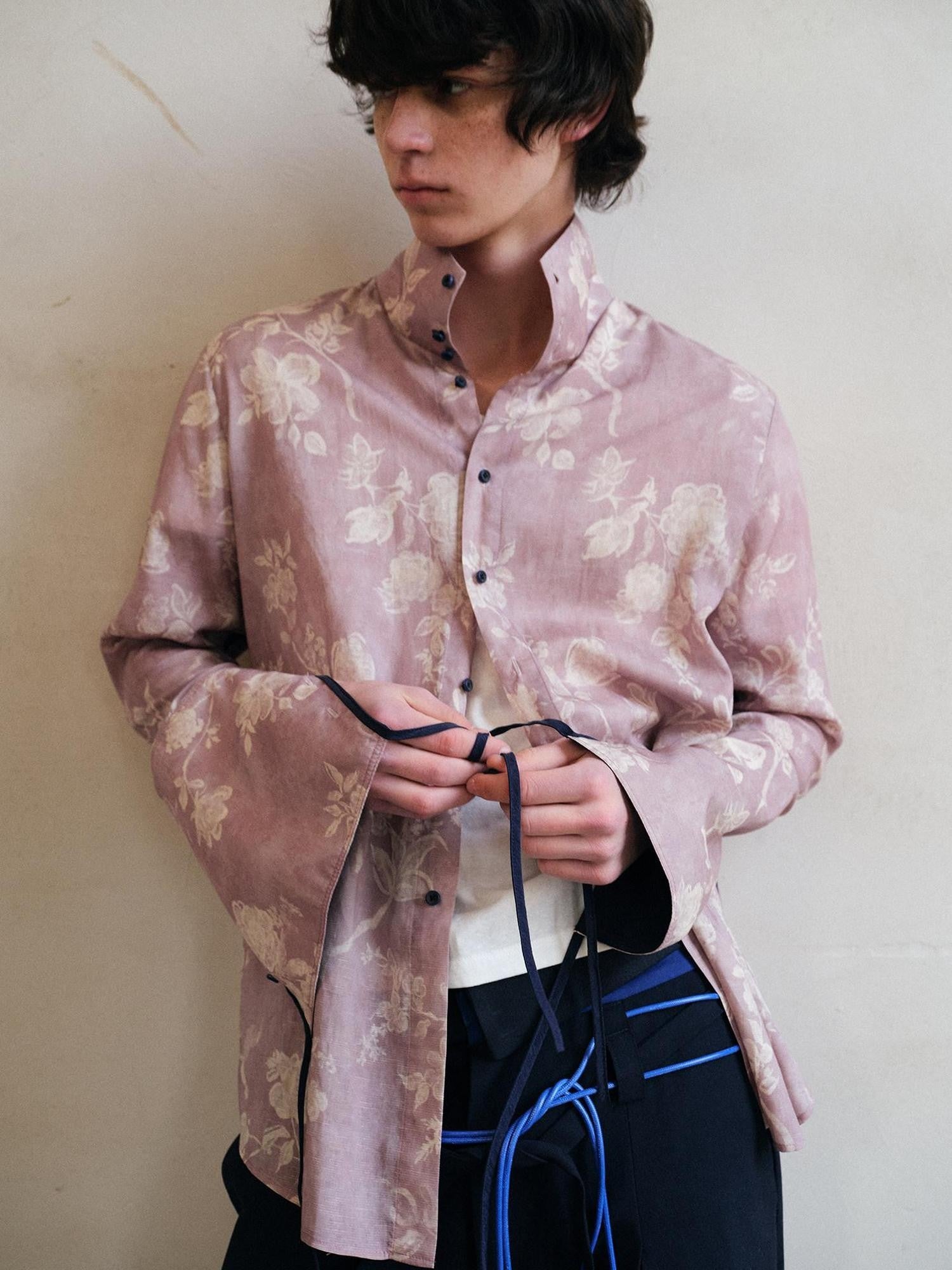 soknot Pink Purple Chinese Stand Collar Printed Flared Cuff Men's Lyocell Print Shirts