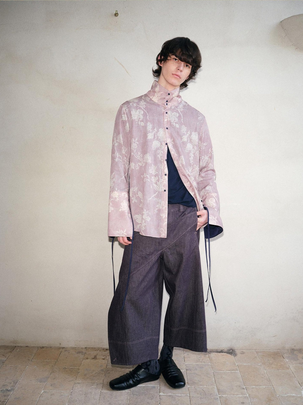 soknot Pink Purple Chinese Stand Collar Printed Flared Cuff Men's Lyocell Print Shirts