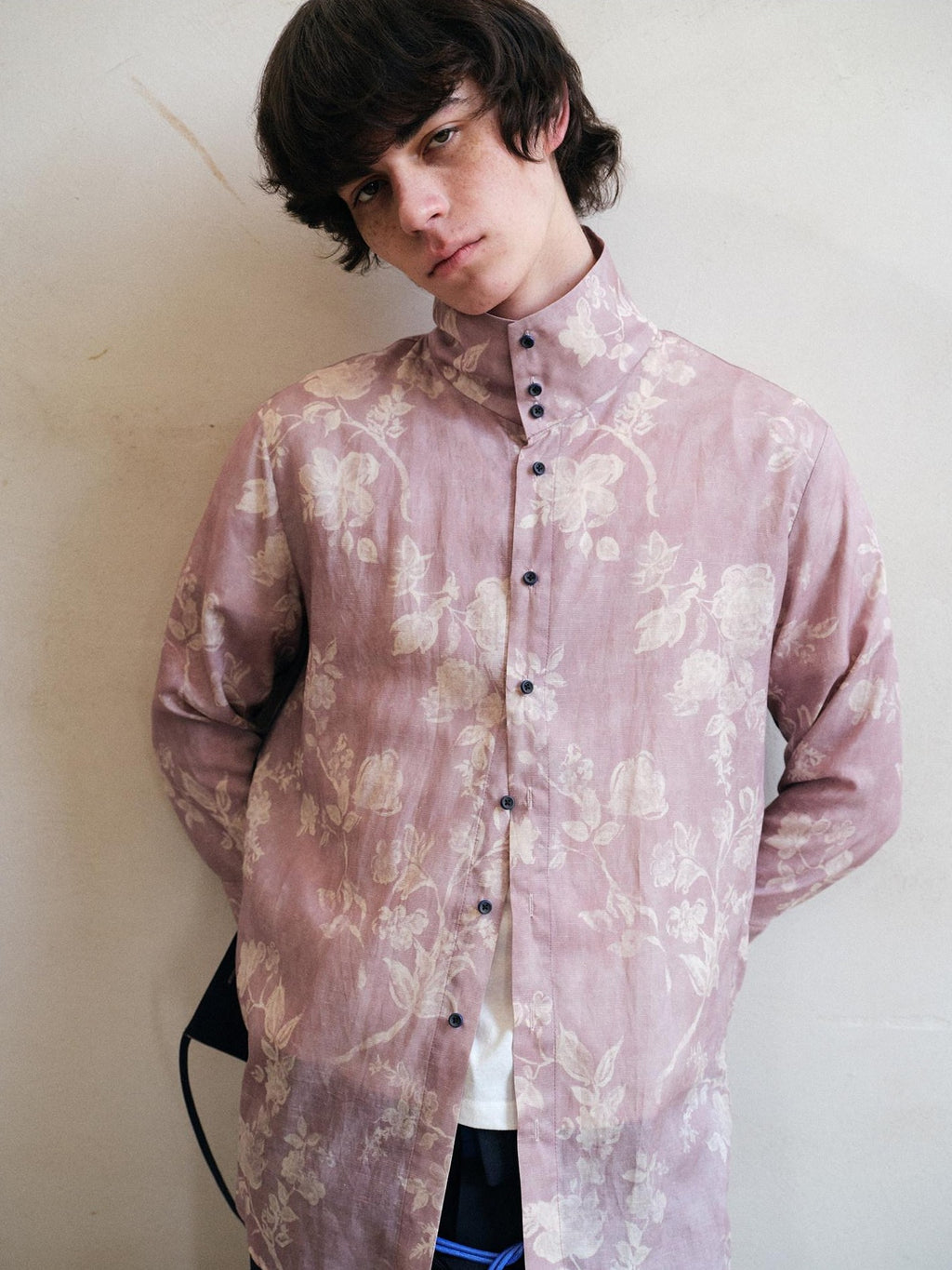 soknot Pink Purple Chinese Stand Collar Printed Flared Cuff Men's Lyocell Print Shirts
