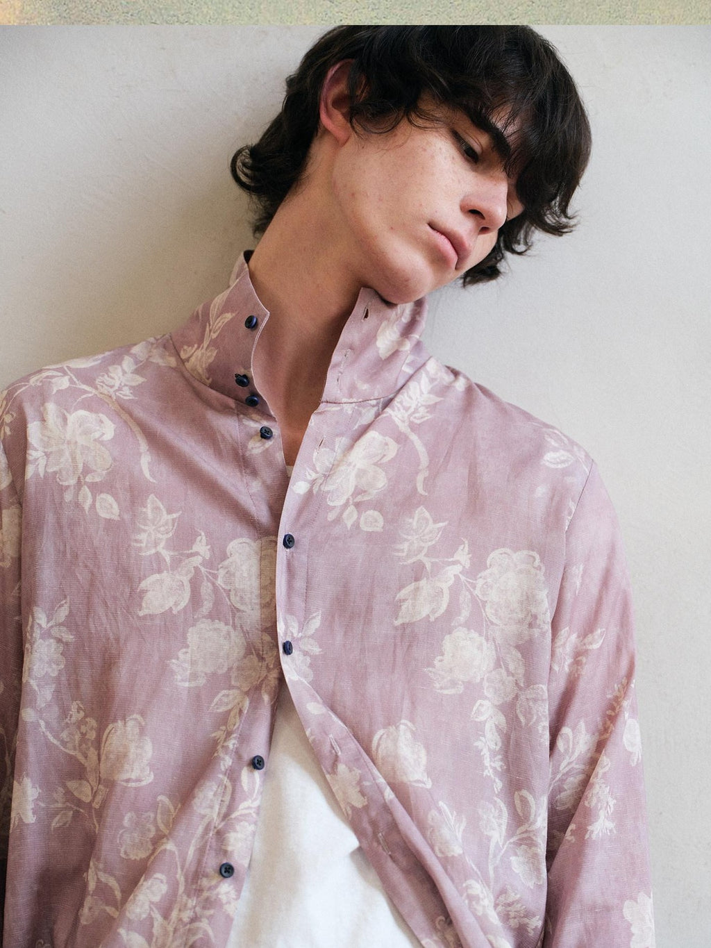 soknot Pink Purple Chinese Stand Collar Printed Flared Cuff Men's Lyocell Print Shirts