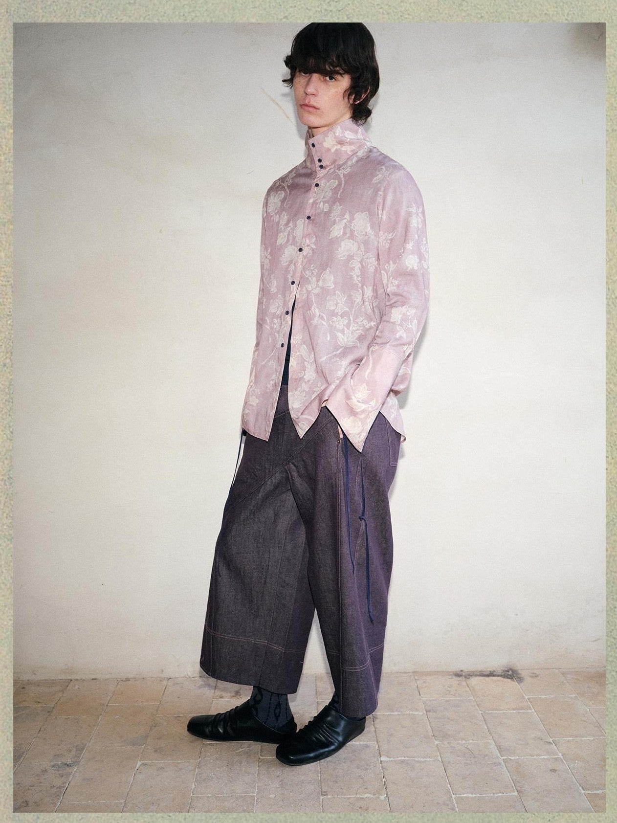 soknot Pink Purple Chinese Stand Collar Printed Flared Cuff Men's Lyocell Print Shirts