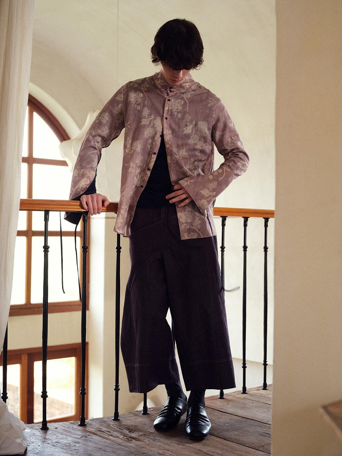 soknot Pink Purple Chinese Stand Collar Printed Flared Cuff Men's Lyocell Print Shirts
