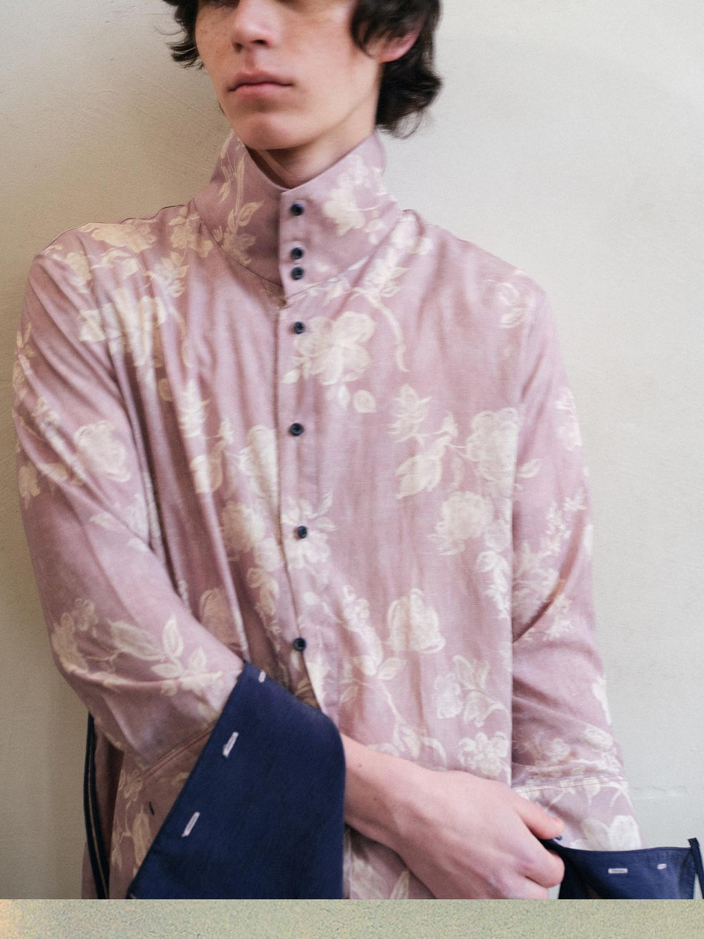 soknot Pink Purple Chinese Stand Collar Printed Flared Cuff Men's Lyocell Print Shirts