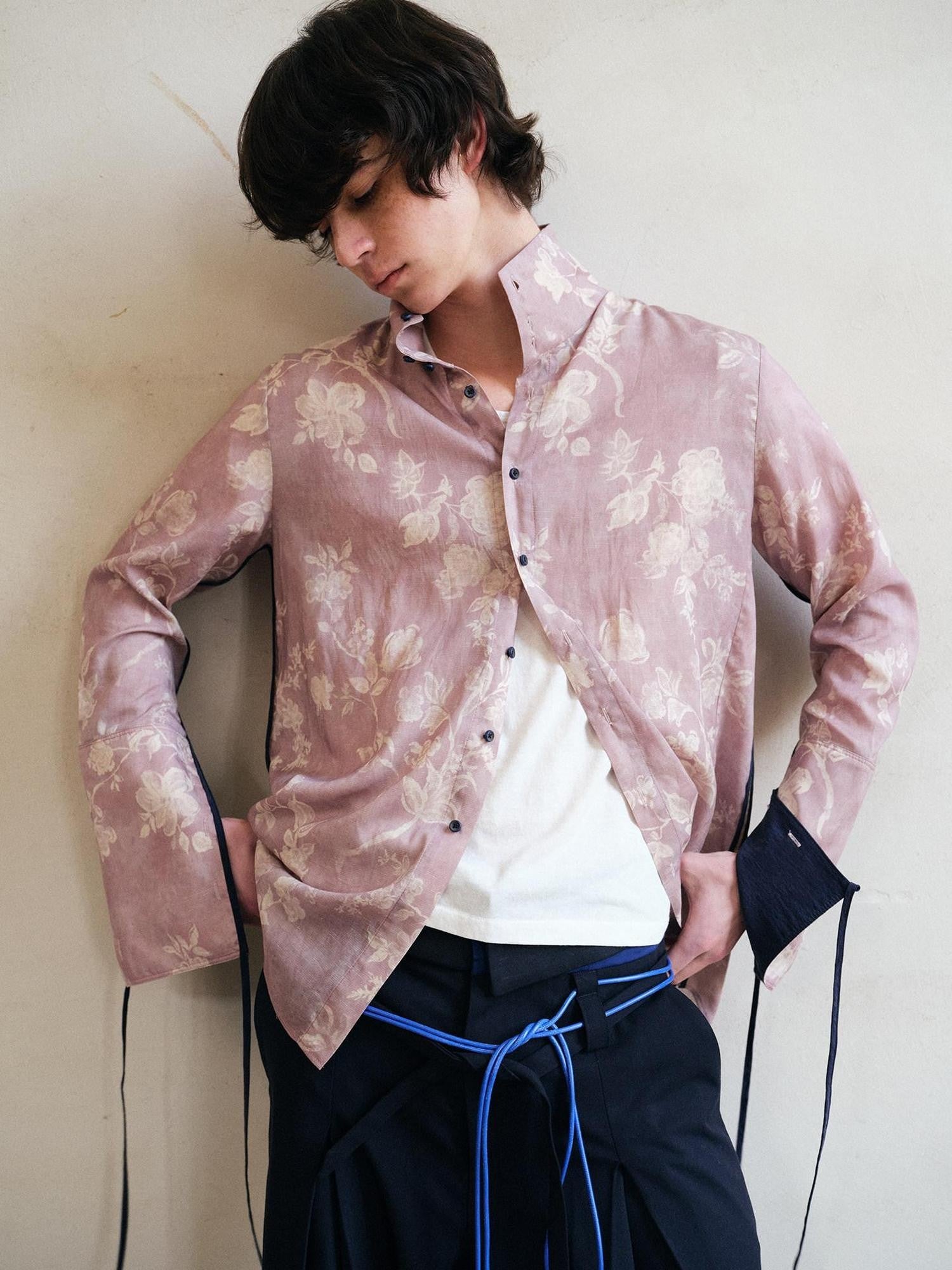 soknot Pink Purple Chinese Stand Collar Printed Flared Cuff Men's Lyocell Print Shirts