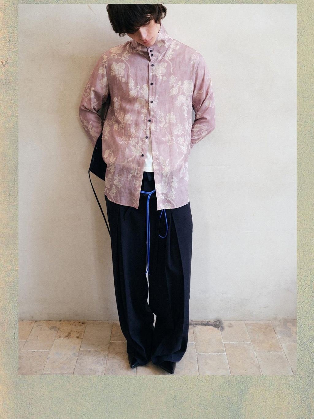 soknot Pink Purple Chinese Stand Collar Printed Flared Cuff Men's Lyocell Print Shirts