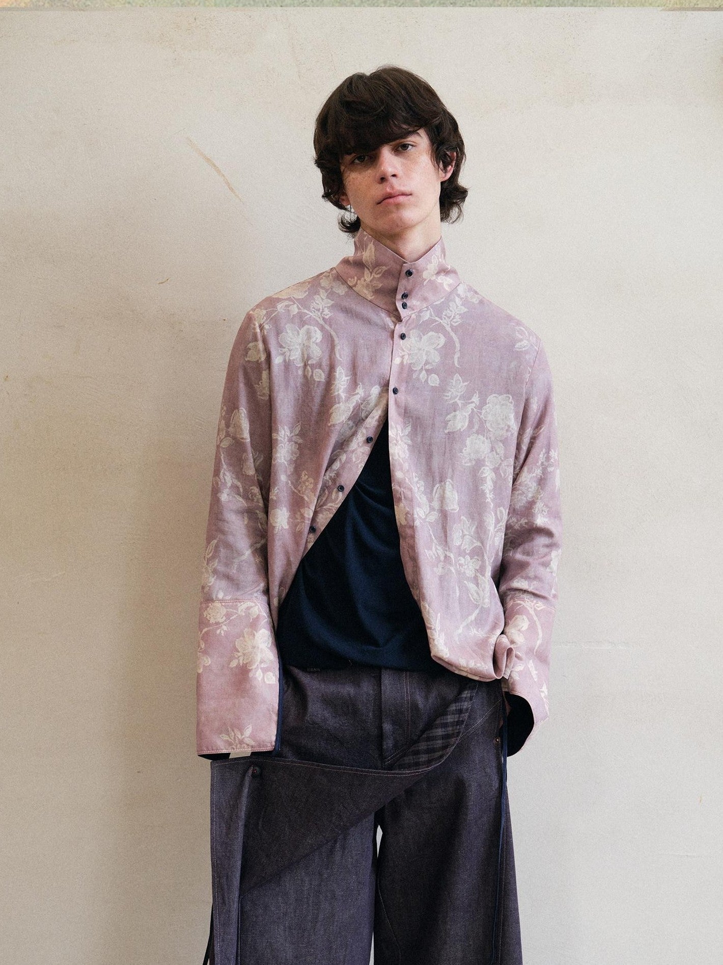 soknot Pink Purple Chinese Stand Collar Printed Flared Cuff Men's Lyocell Print Shirts