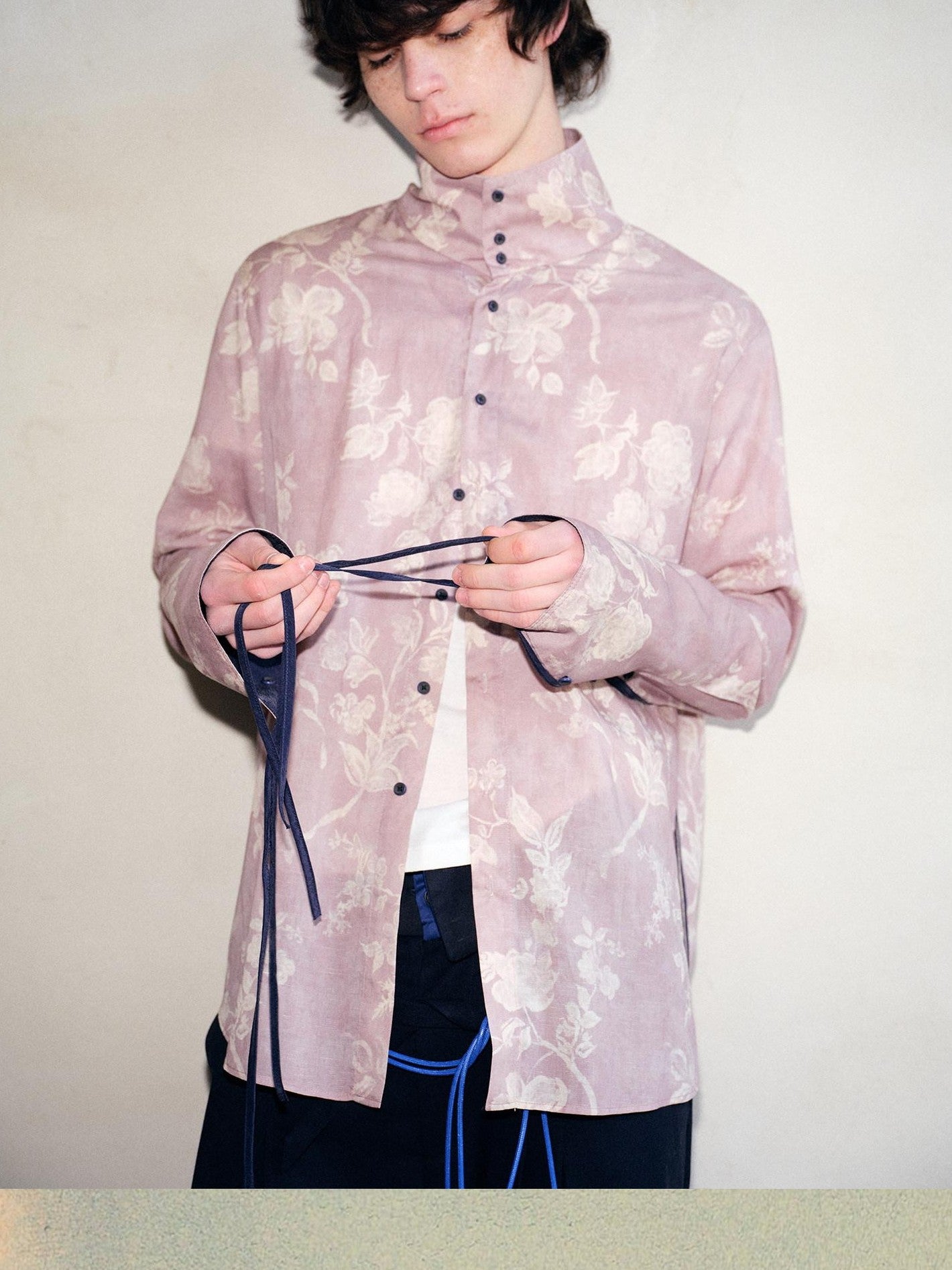 soknot Pink Purple Chinese Stand Collar Printed Flared Cuff Men's Lyocell Print Shirts