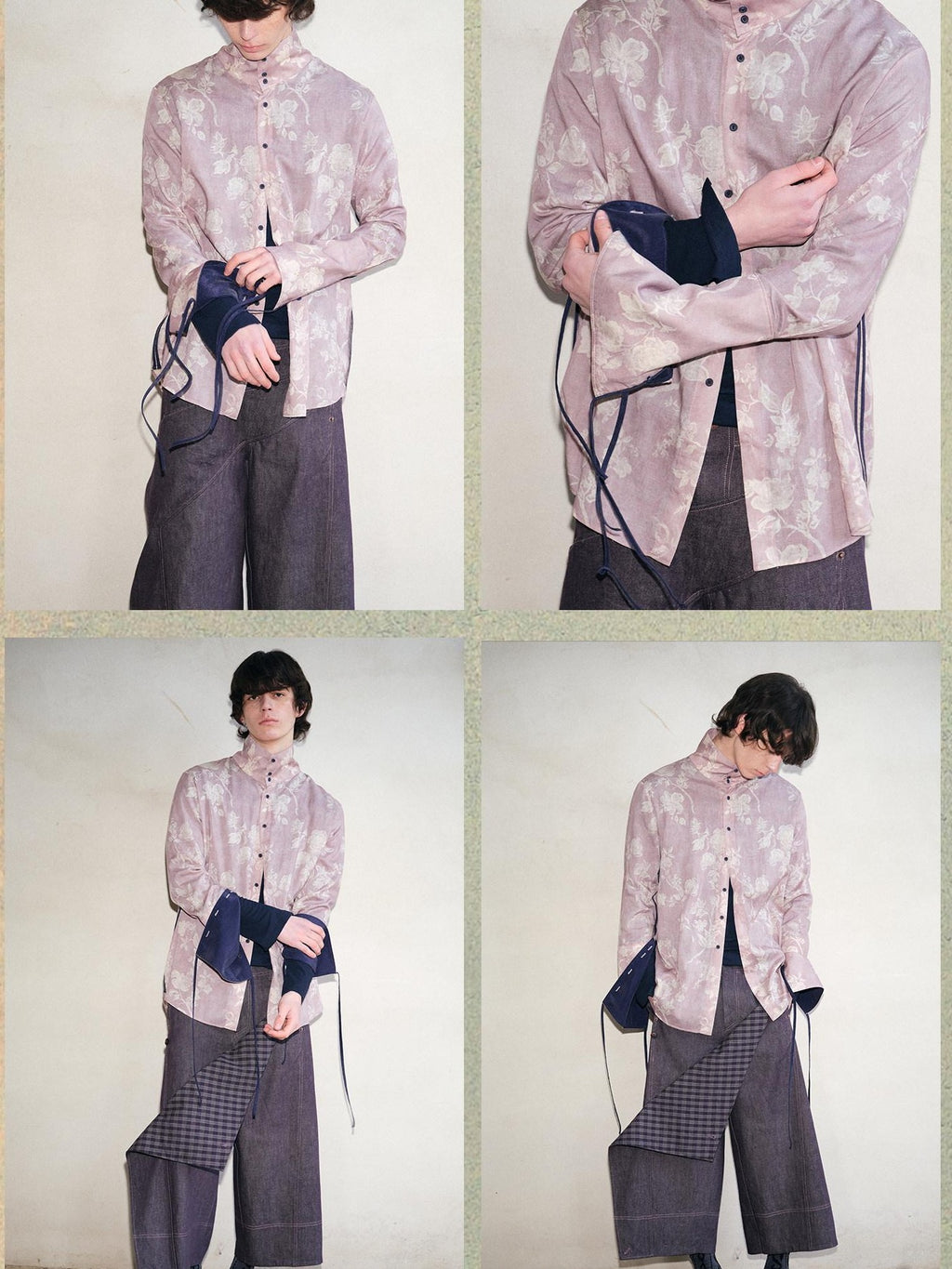 soknot Pink Purple Chinese Stand Collar Printed Flared Cuff Men's Lyocell Print Shirts