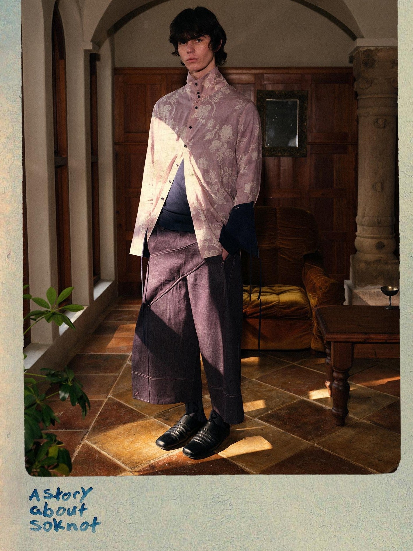soknot Pink Purple Chinese Stand Collar Printed Flared Cuff Men's Lyocell Print Shirts