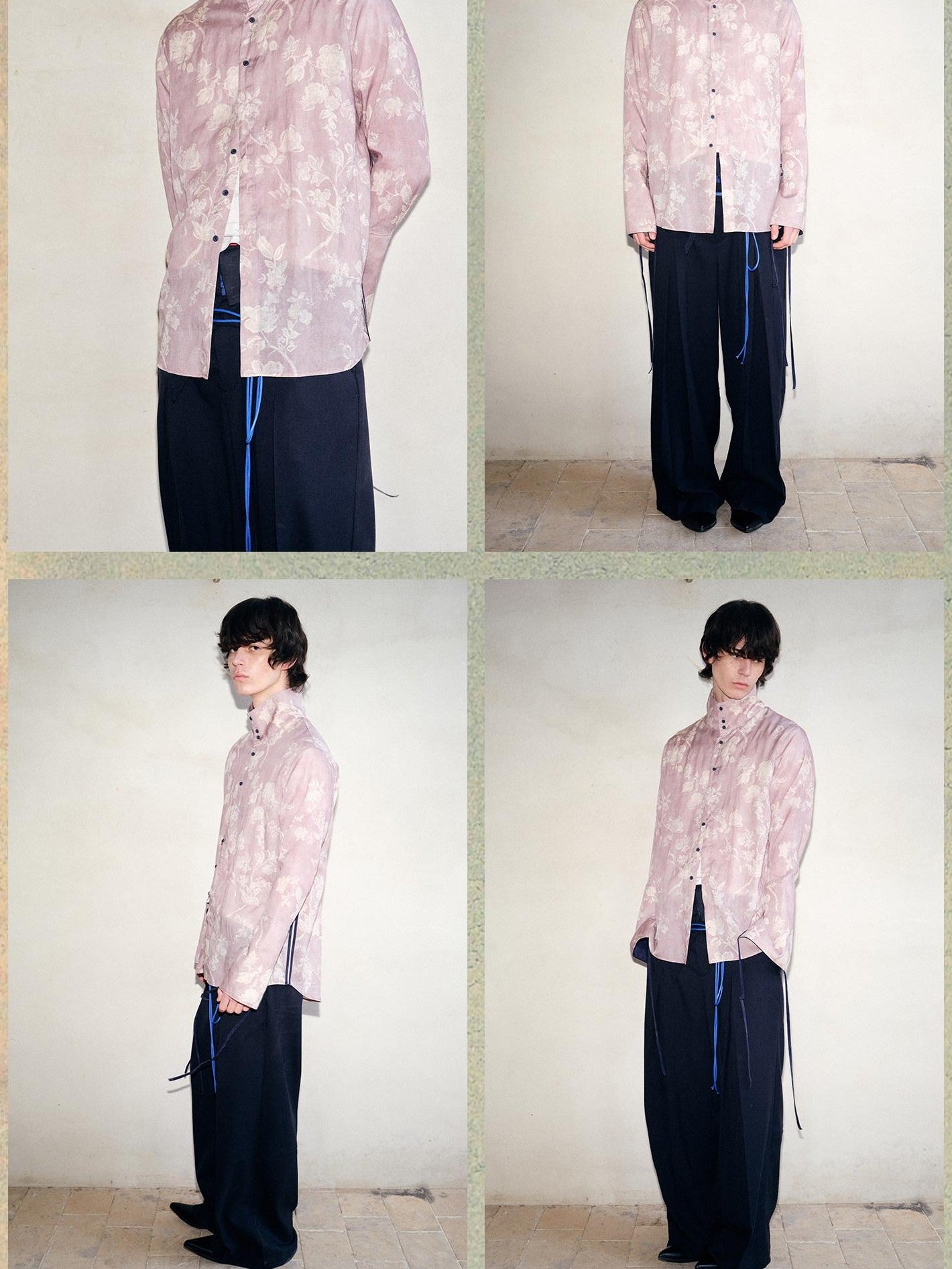 soknot Pink Purple Chinese Stand Collar Printed Flared Cuff Men's Lyocell Print Shirts