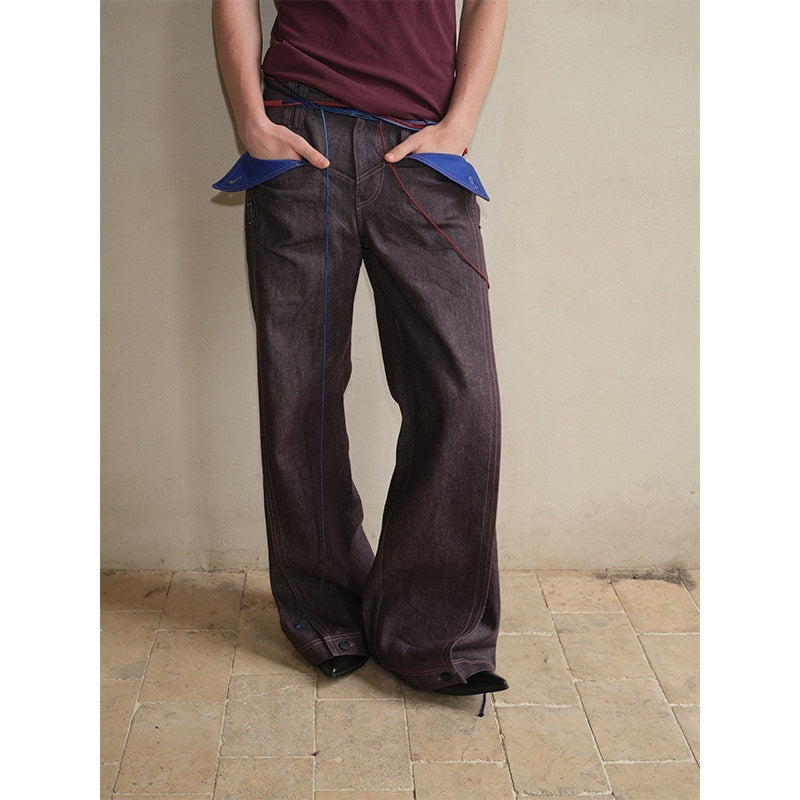 soknot_Purple_Colorblock_Turnup_Cuff_Micro_Flare_Men's_Denim_Bootcut_Jeans_MISSTT
