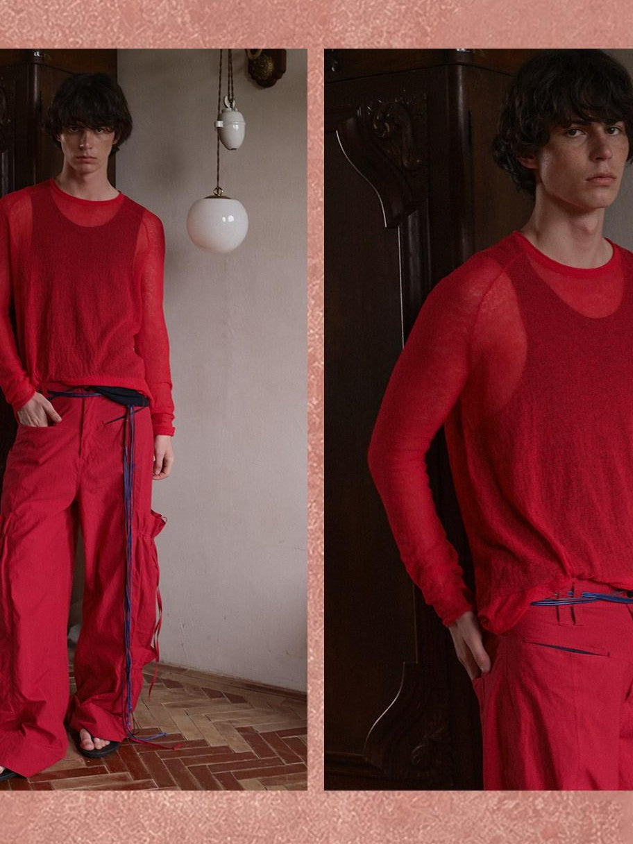 soknot Red Blue Yellow Sheer Slim Fit Men's Knit Long Sleeve T-shirts