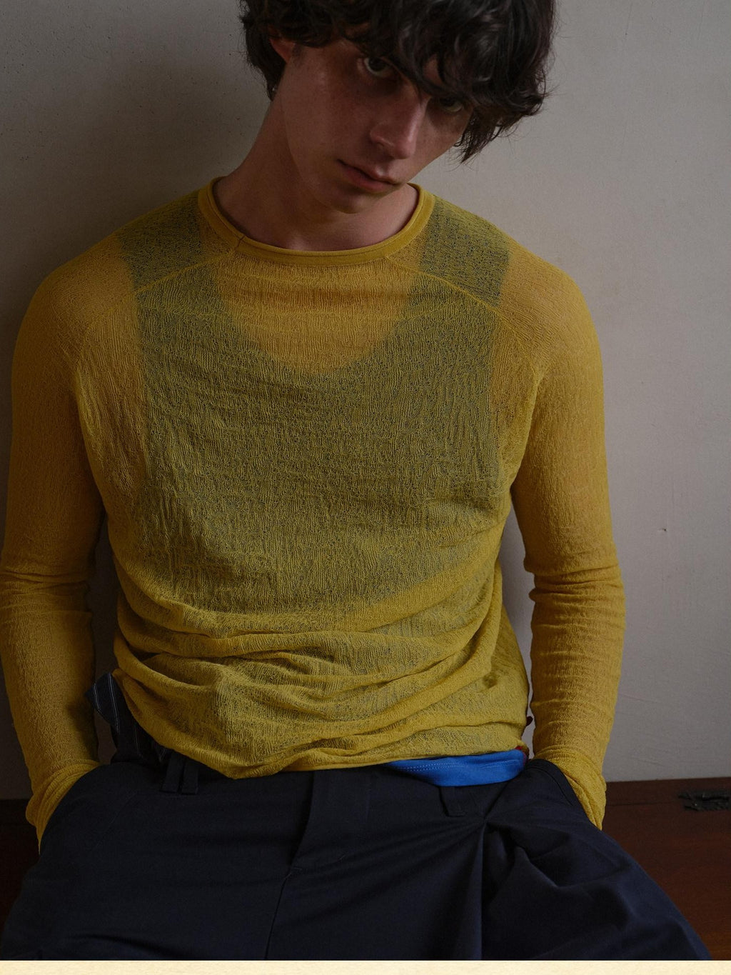 soknot Red Blue Yellow Sheer Slim Fit Men's Knit Long Sleeve T-shirts