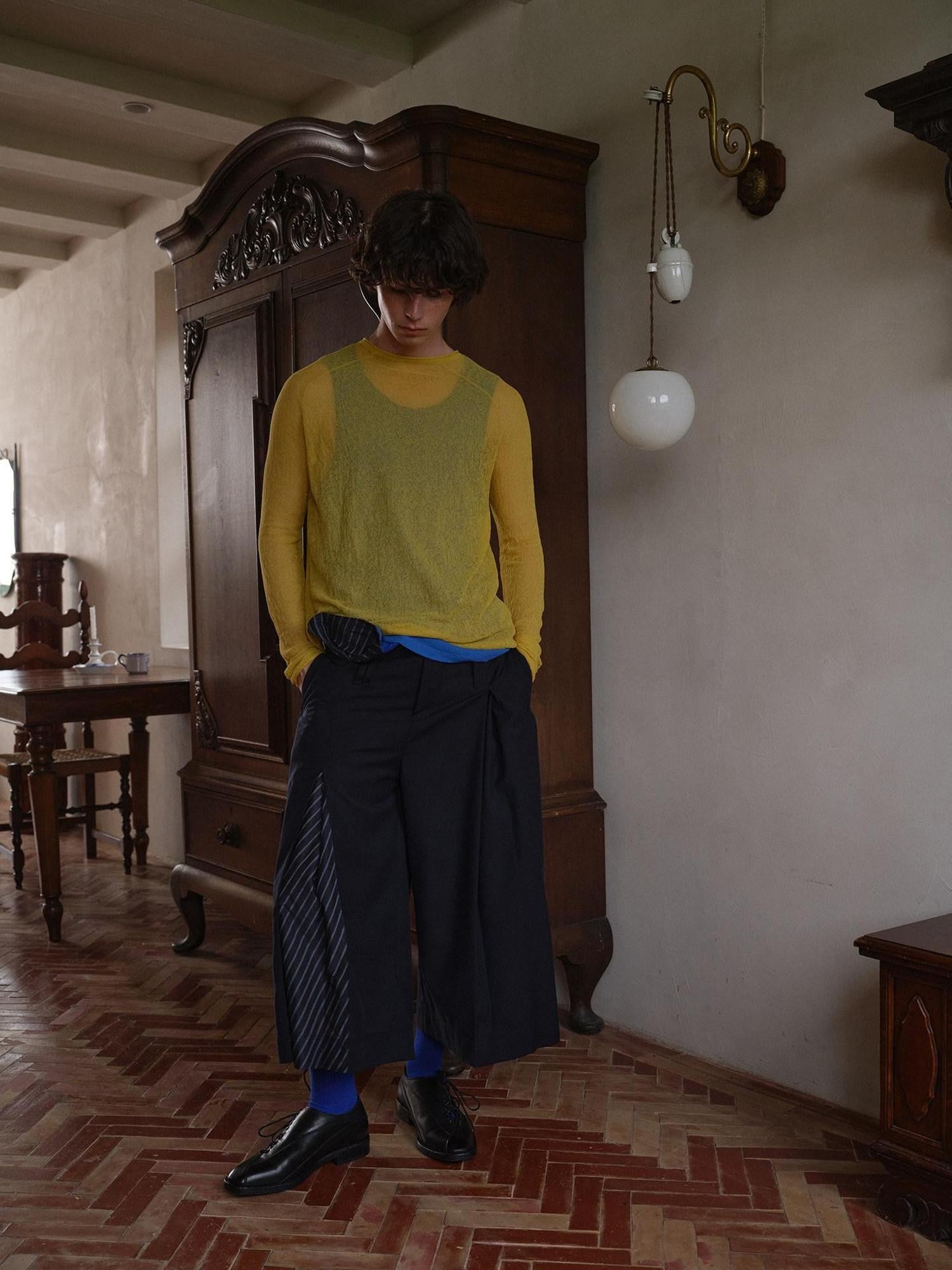 soknot Red Blue Yellow Sheer Slim Fit Men's Knit Long Sleeve T-shirts