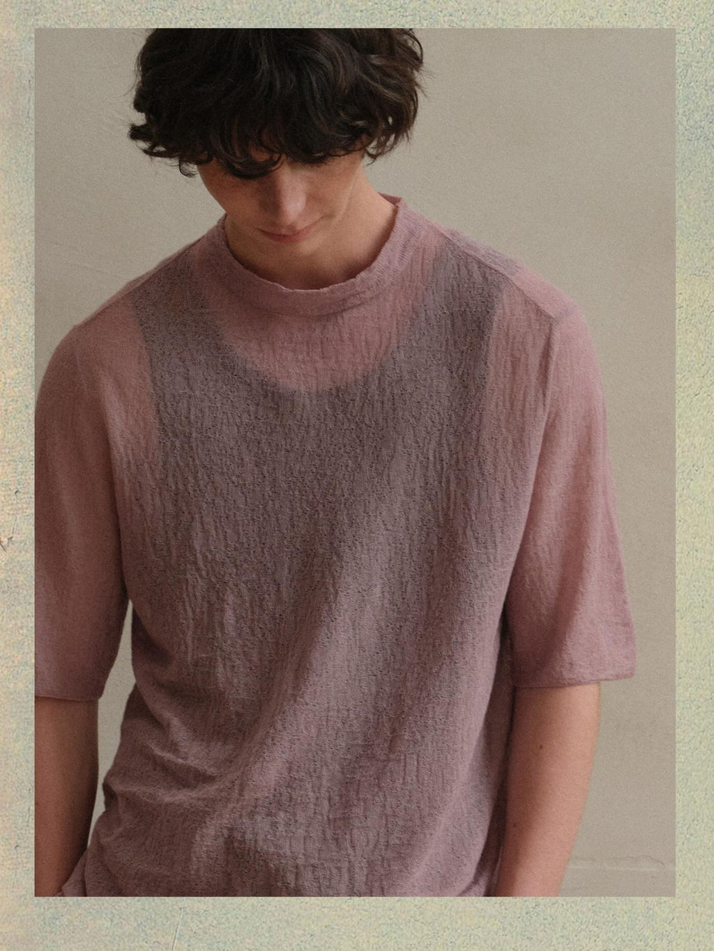 soknot Sheer Knit Half Open Collar Slim Fit Men's Cotton Blend Short Sleeve T-shirts