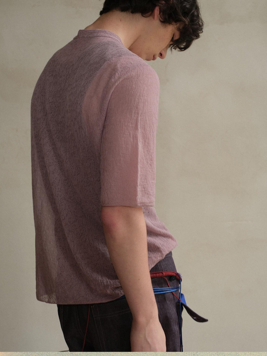soknot Sheer Knit Half Open Collar Slim Fit Men's Cotton Blend Short Sleeve T-shirts