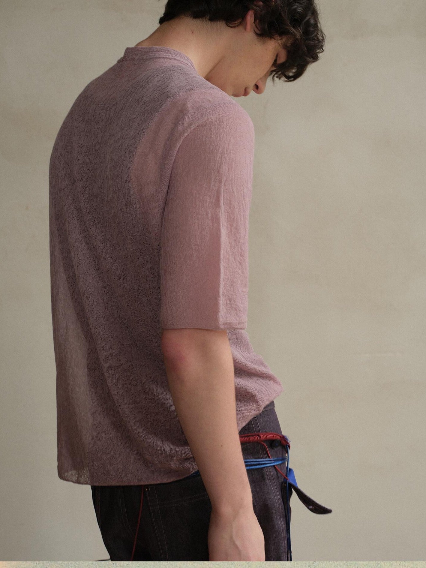 soknot Sheer Knit Half Open Collar Slim Fit Men's Cotton Blend Short Sleeve T-shirts