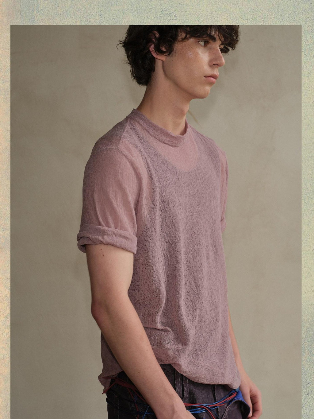 soknot Sheer Knit Half Open Collar Slim Fit Men's Cotton Blend Short Sleeve T-shirts