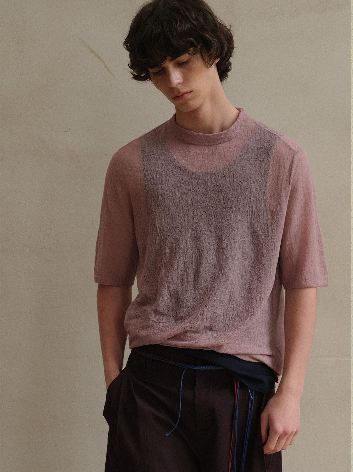 soknot Sheer Knit Half Open Collar Slim Fit Men's Cotton Blend Short Sleeve T-shirts