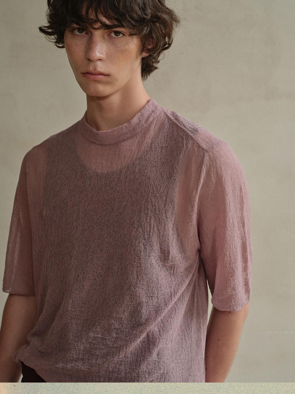 soknot Sheer Knit Half Open Collar Slim Fit Men's Cotton Blend Short Sleeve T-shirts