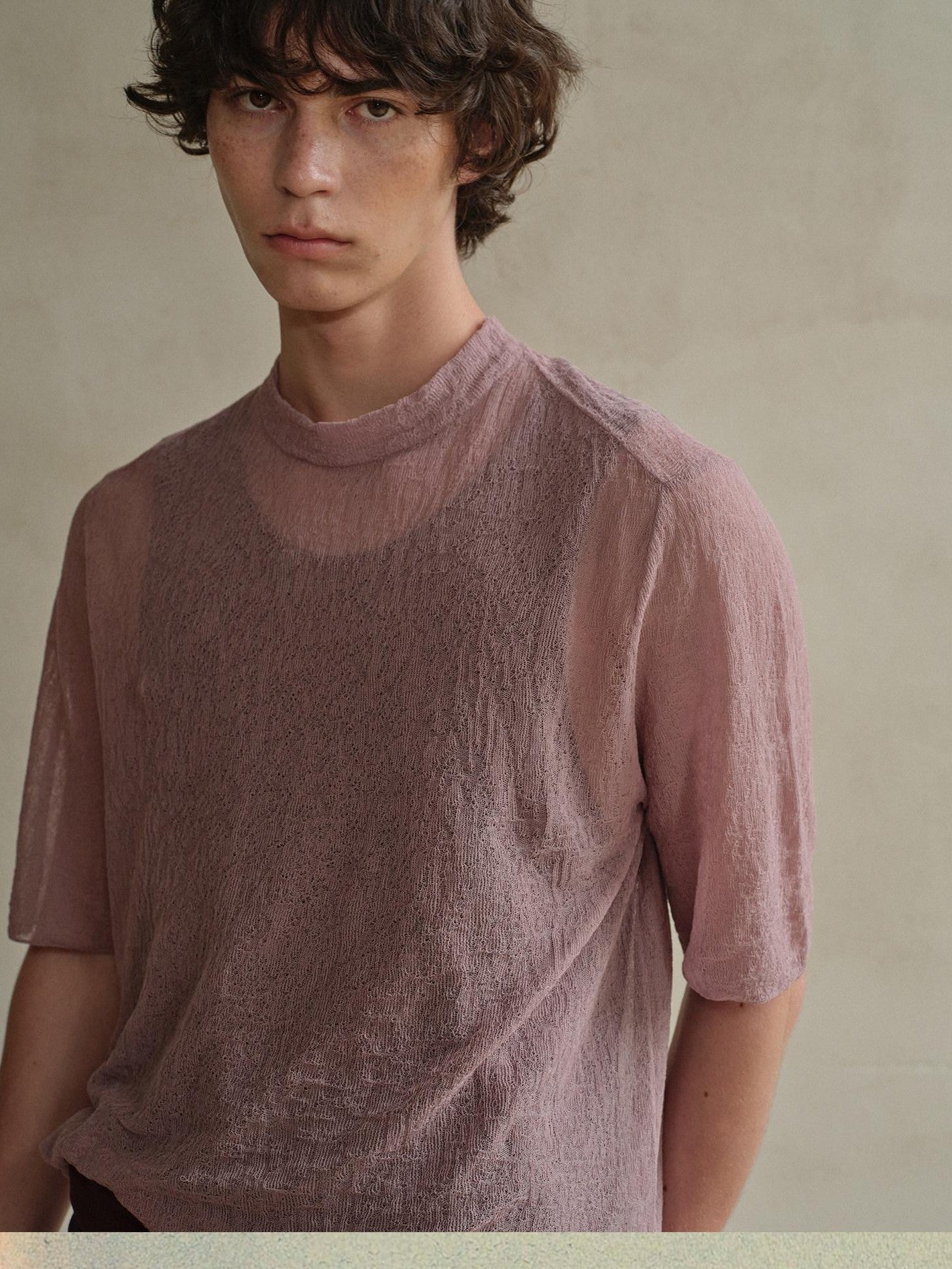 soknot Sheer Knit Half Open Collar Slim Fit Men's Cotton Blend Short Sleeve T-shirts