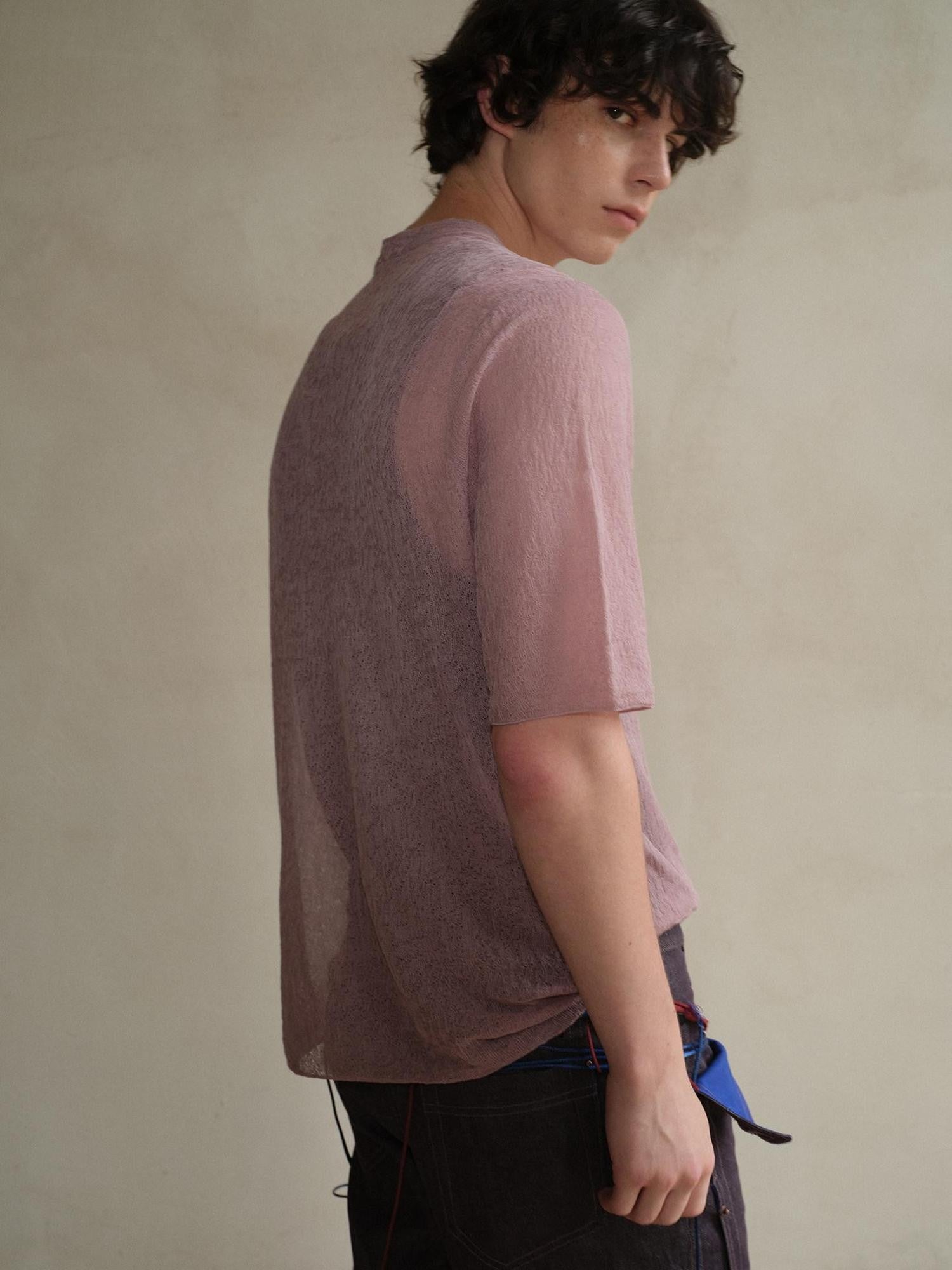 soknot Sheer Knit Half Open Collar Slim Fit Men's Cotton Blend Short Sleeve T-shirts
