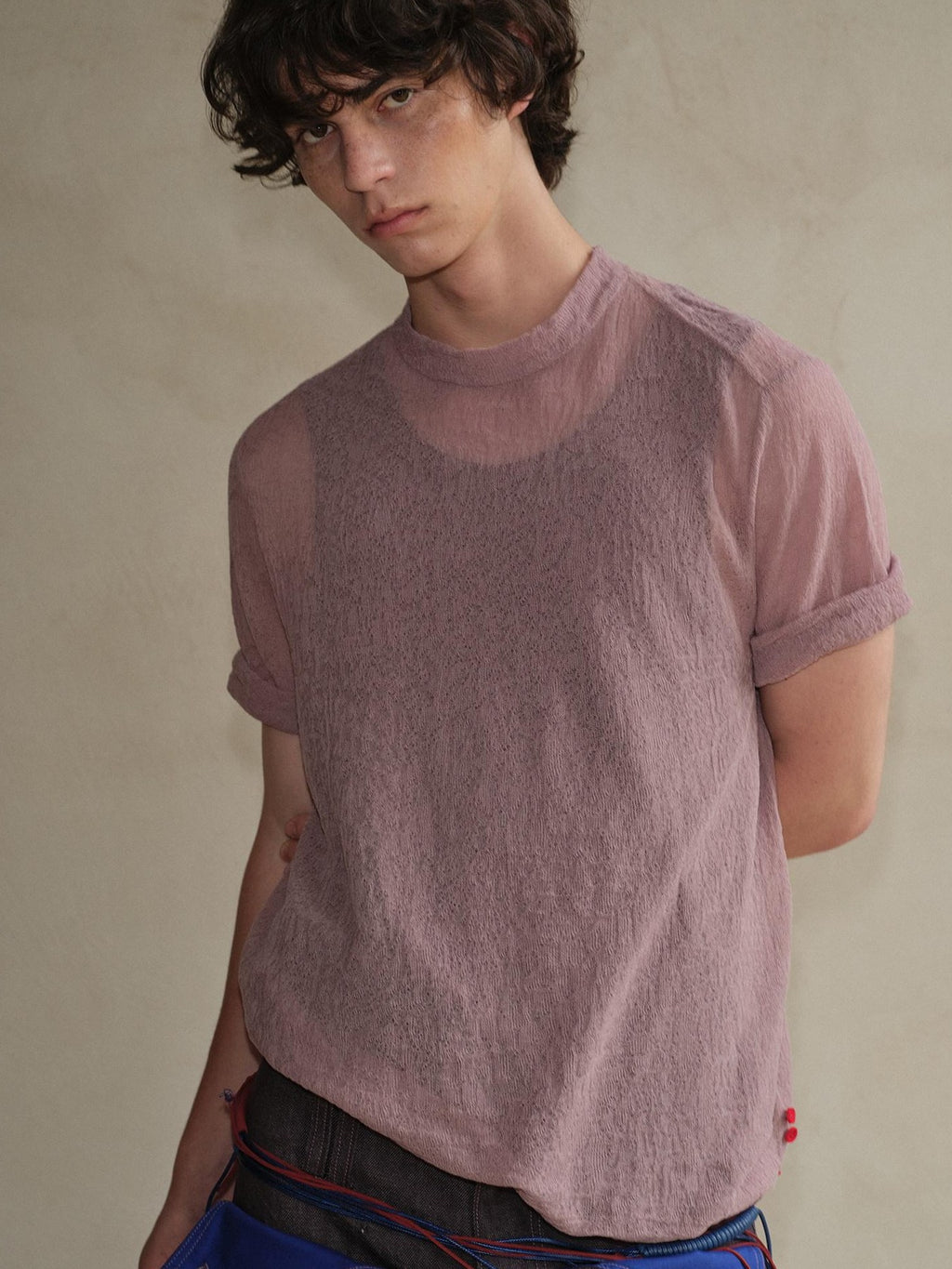 soknot Sheer Knit Half Open Collar Slim Fit Men's Cotton Blend Short Sleeve T-shirts