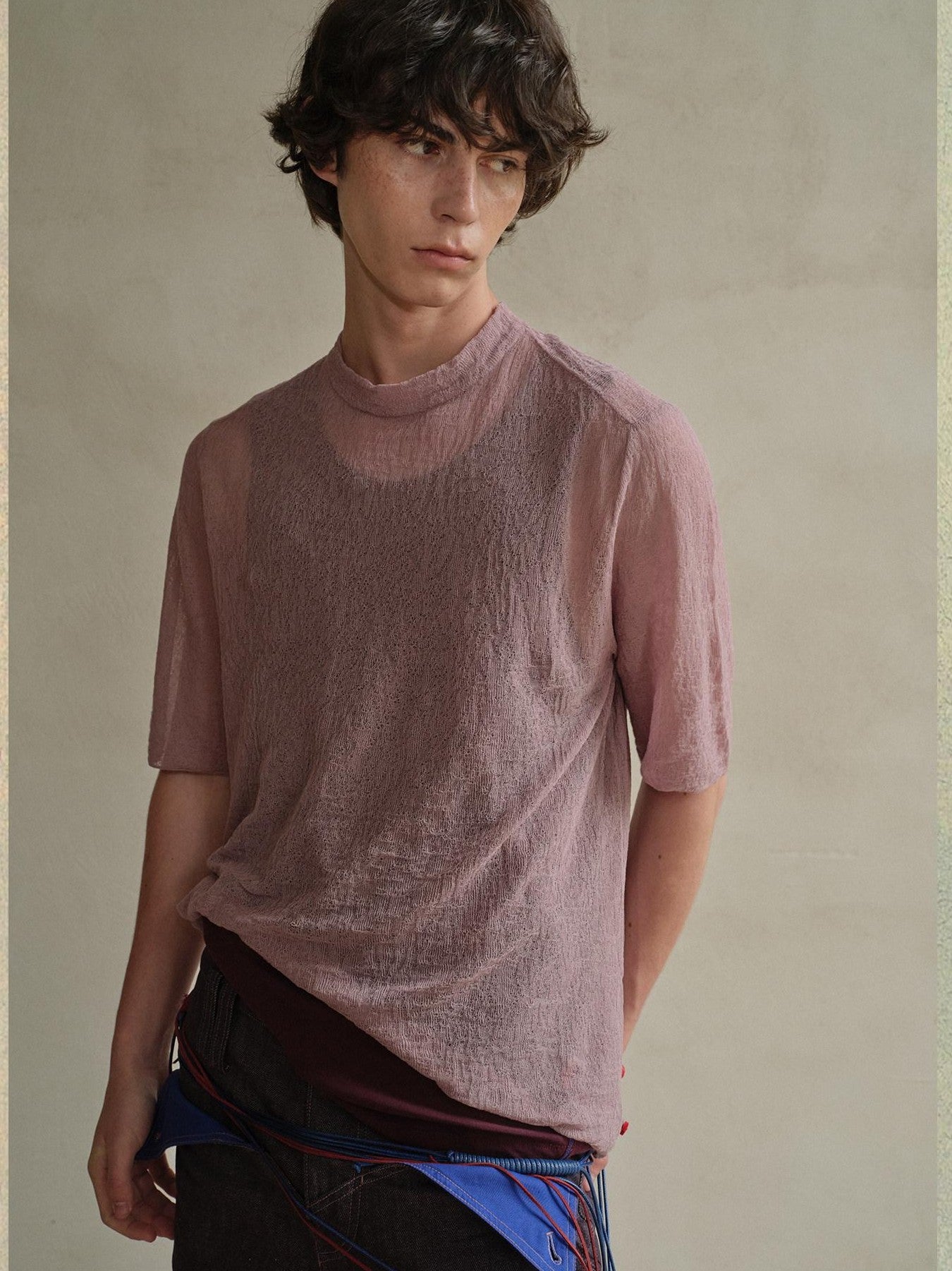 soknot Sheer Knit Half Open Collar Slim Fit Men's Cotton Blend Short Sleeve T-shirts