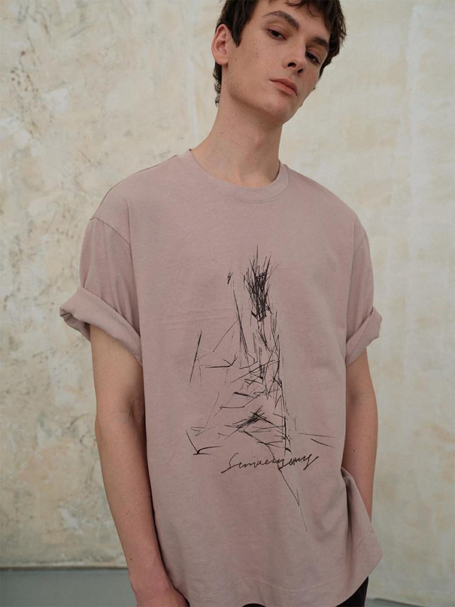 soknot Surreal Rock Sheep Sketch Print Men's Cotton Short Sleeve T-shirts