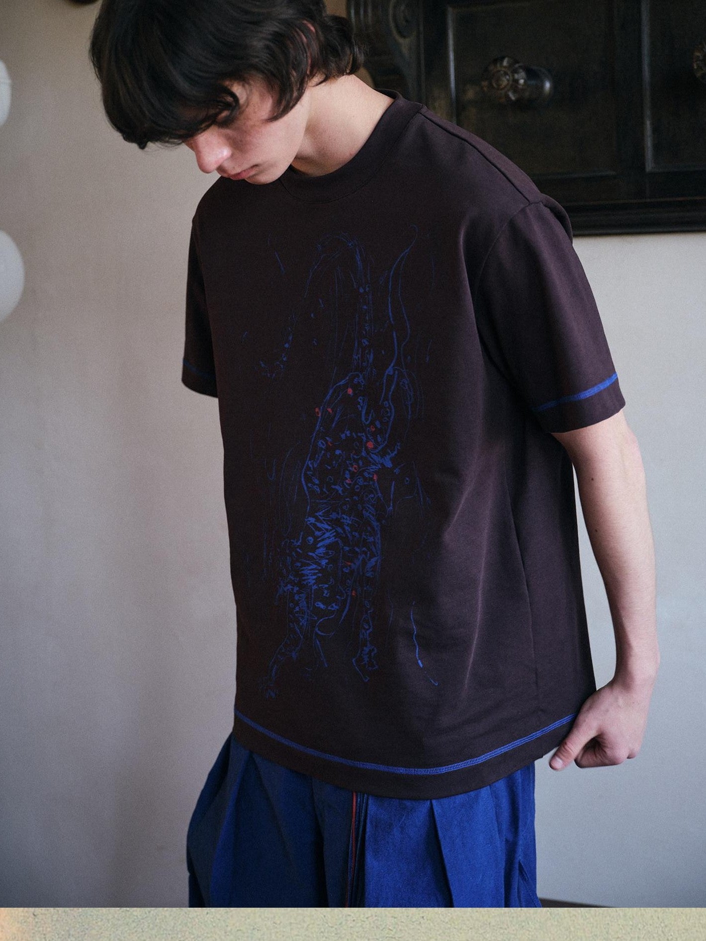 soknot Tibetan Blue Snow Leopard Print Loose Fit Men's Cotton Short Sleeve T-shirts