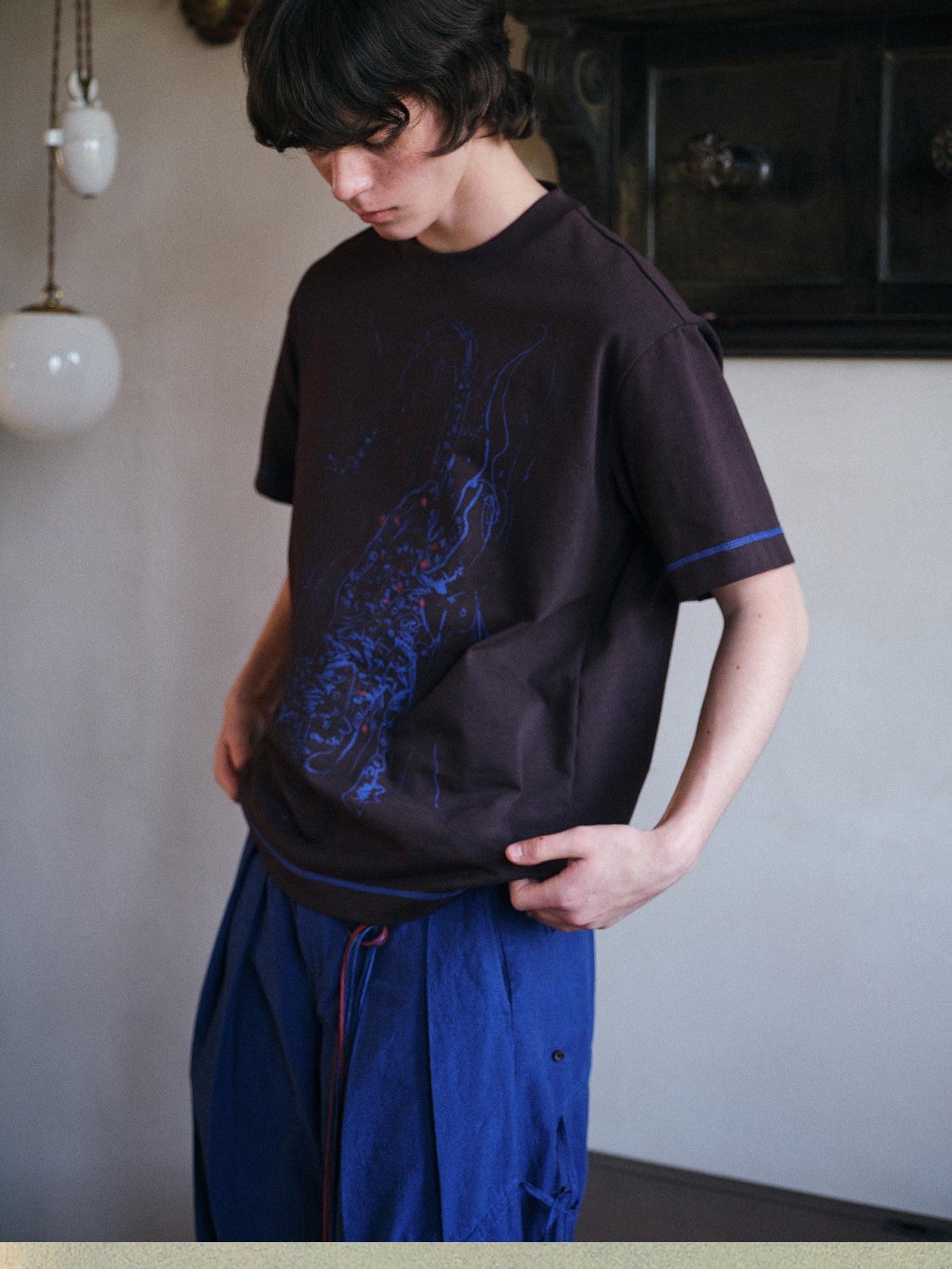 soknot Tibetan Blue Snow Leopard Print Loose Fit Men's Cotton Short Sleeve T-shirts