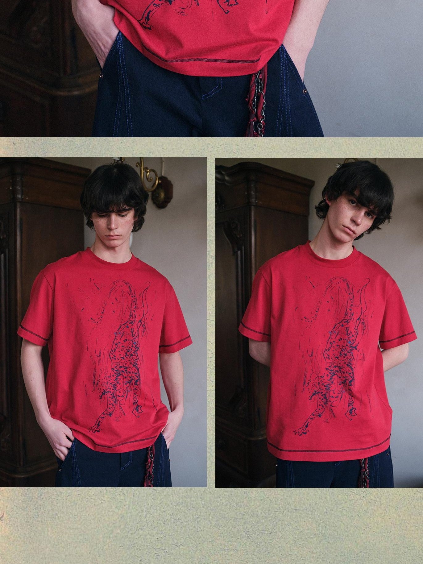 soknot Tibetan Blue Snow Leopard Print Loose Fit Men's Cotton Short Sleeve T-shirts