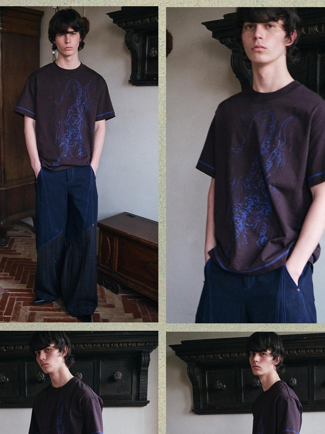 soknot Tibetan Blue Snow Leopard Print Loose Fit Men's Cotton Short Sleeve T-shirts