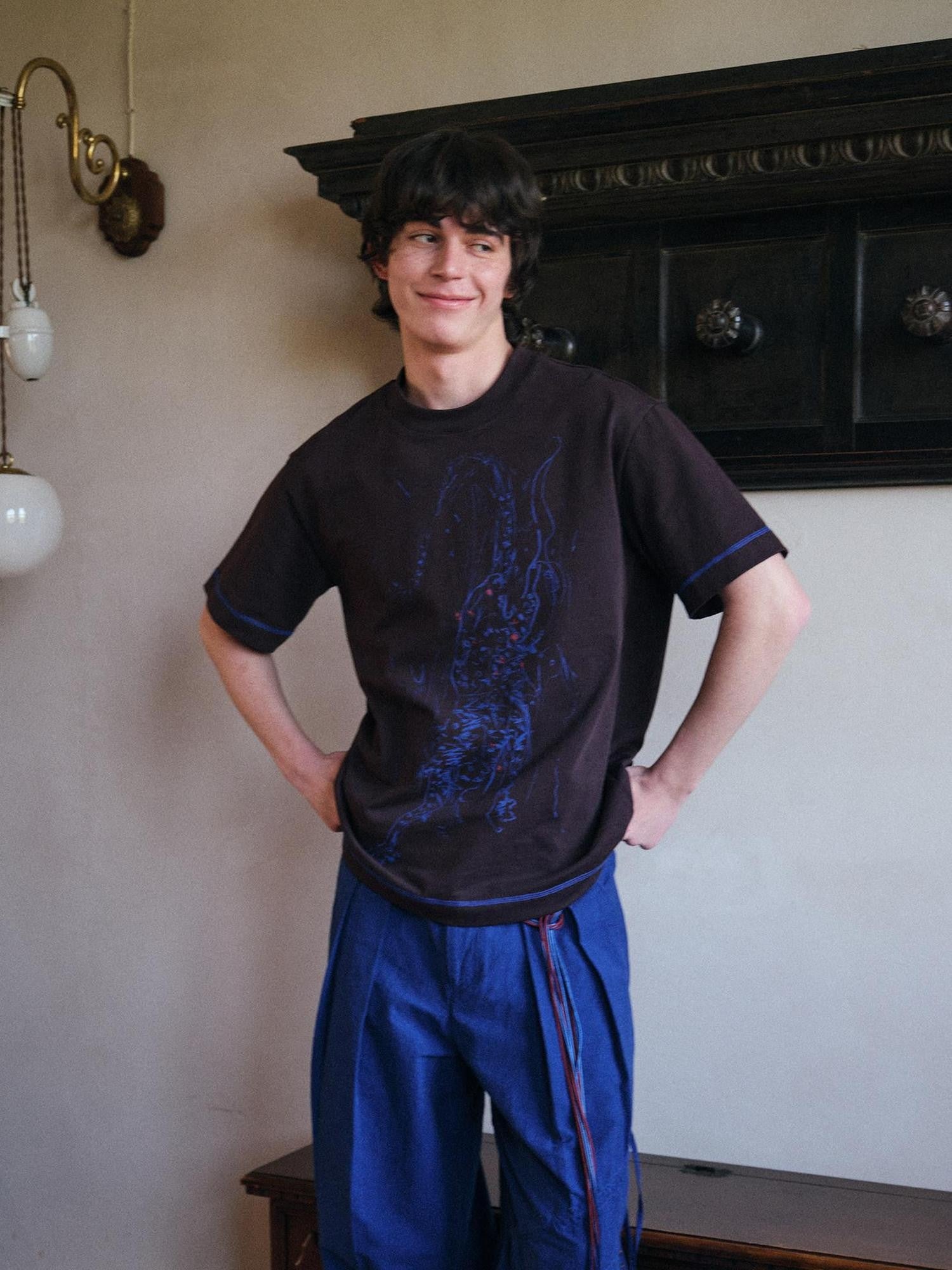 soknot Tibetan Blue Snow Leopard Print Loose Fit Men's Cotton Short Sleeve T-shirts