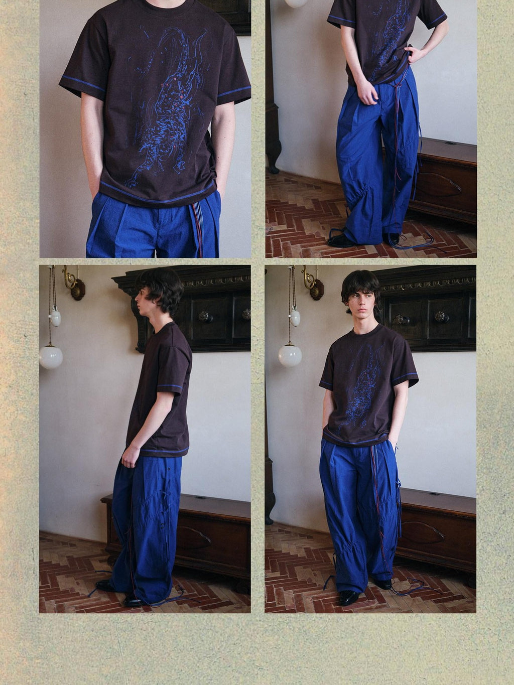 soknot Tibetan Blue Snow Leopard Print Loose Fit Men's Cotton Short Sleeve T-shirts