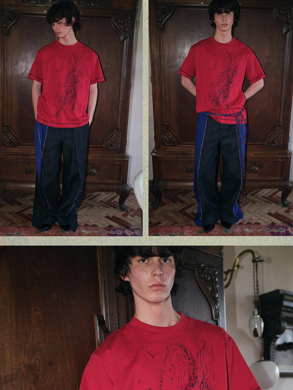 soknot Tibetan Blue Snow Leopard Print Loose Fit Men's Cotton Short Sleeve T-shirts