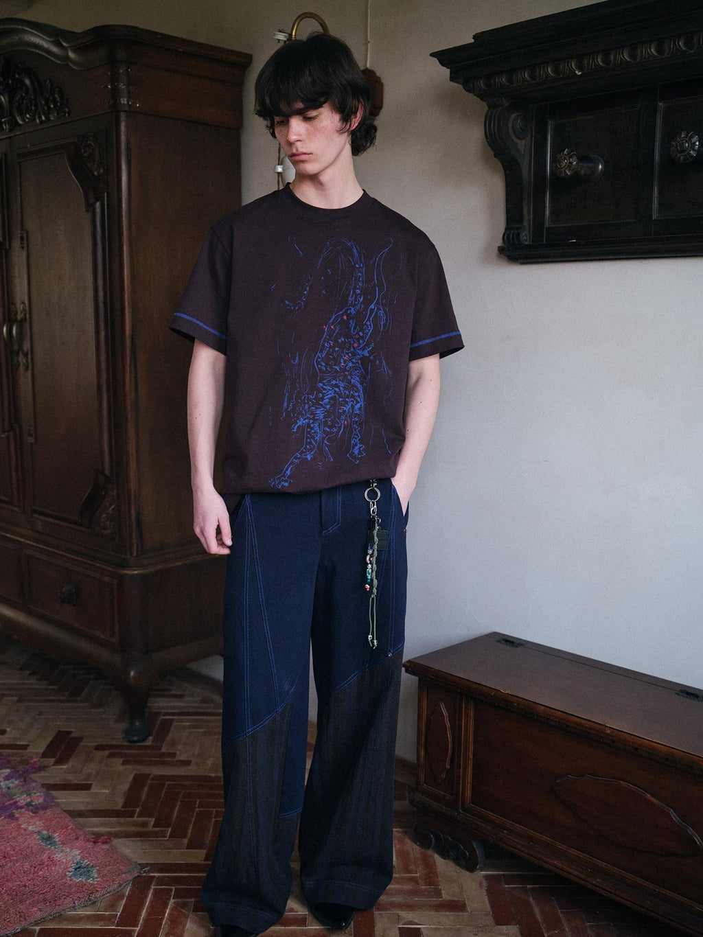 soknot Tibetan Blue Snow Leopard Print Loose Fit Men's Cotton Short Sleeve T-shirts