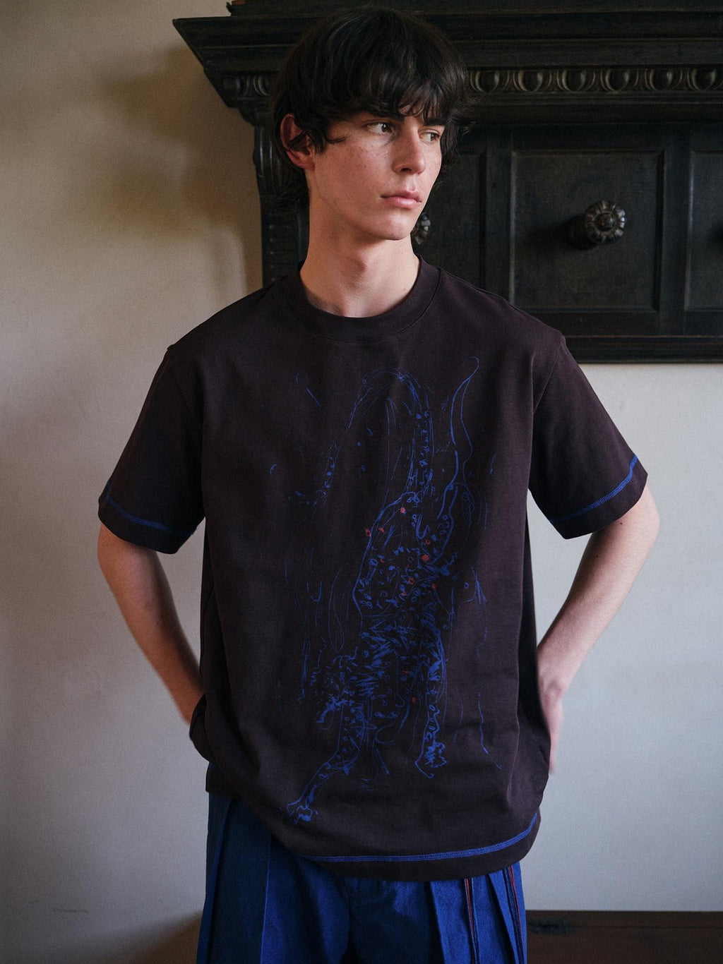 soknot Tibetan Blue Snow Leopard Print Loose Fit Men's Cotton Short Sleeve T-shirts