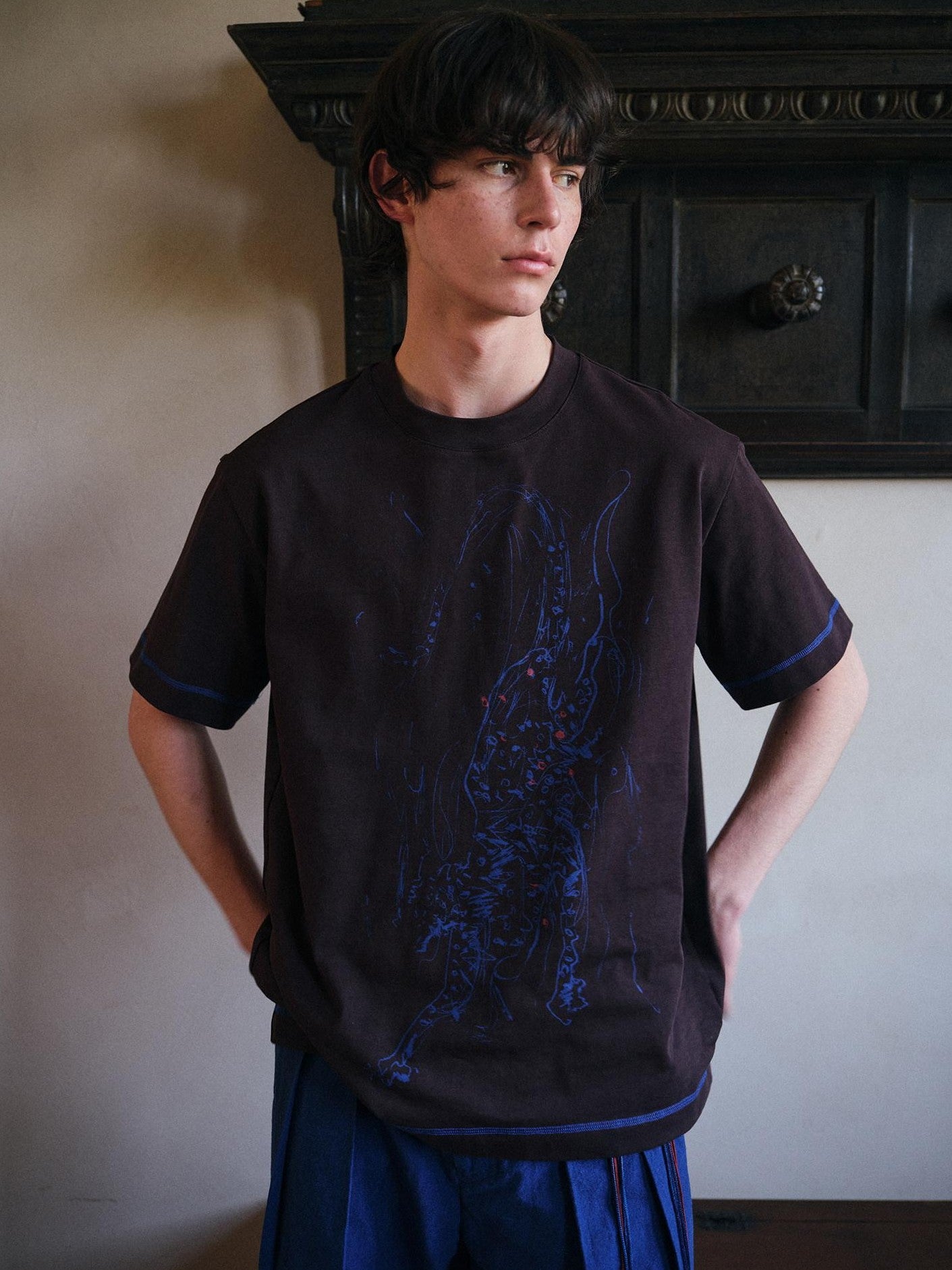 soknot Tibetan Blue Snow Leopard Print Loose Fit Men's Cotton Short Sleeve T-shirts