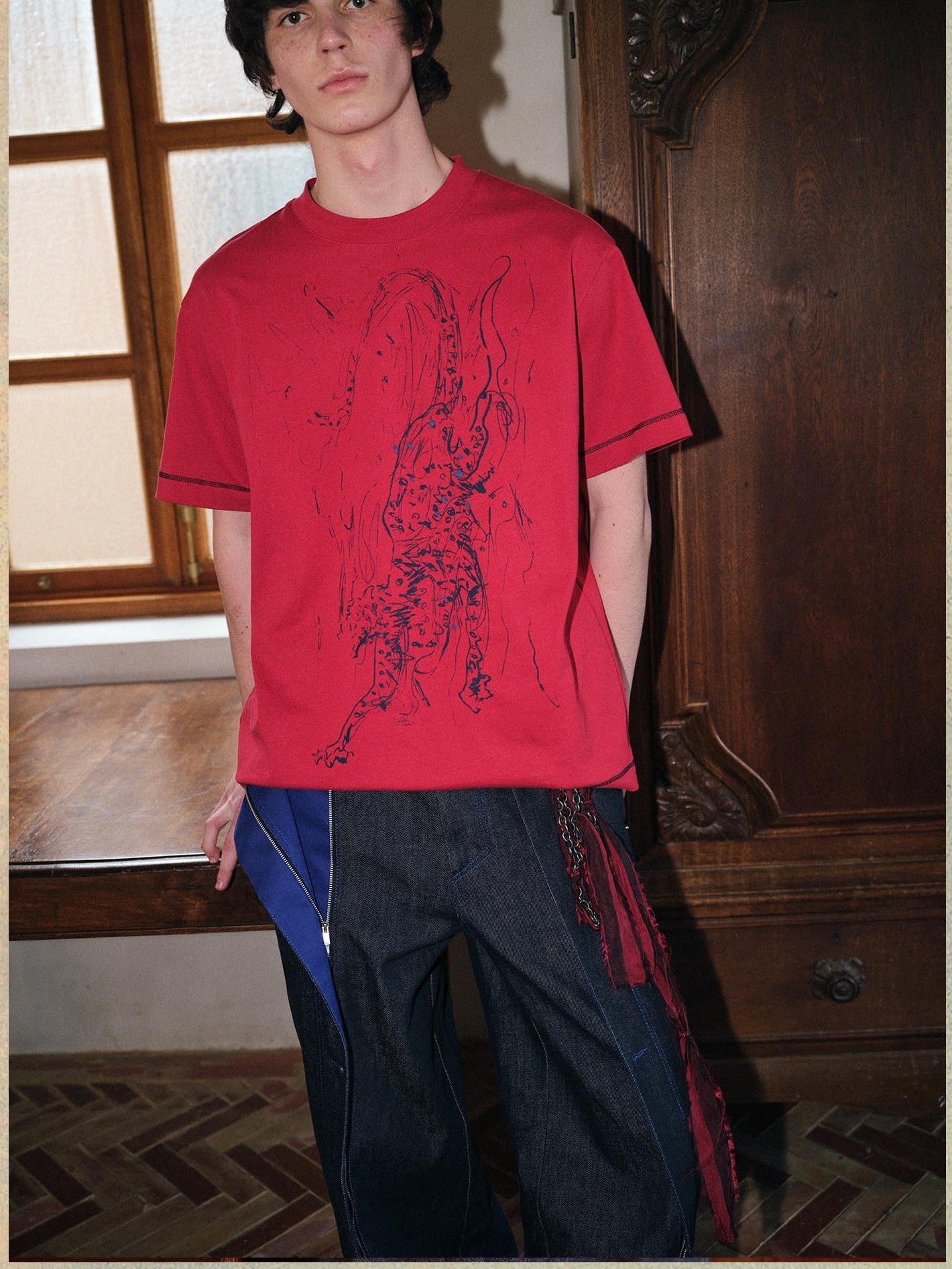 soknot Tibetan Blue Snow Leopard Print Loose Fit Men's Cotton Short Sleeve T-shirts