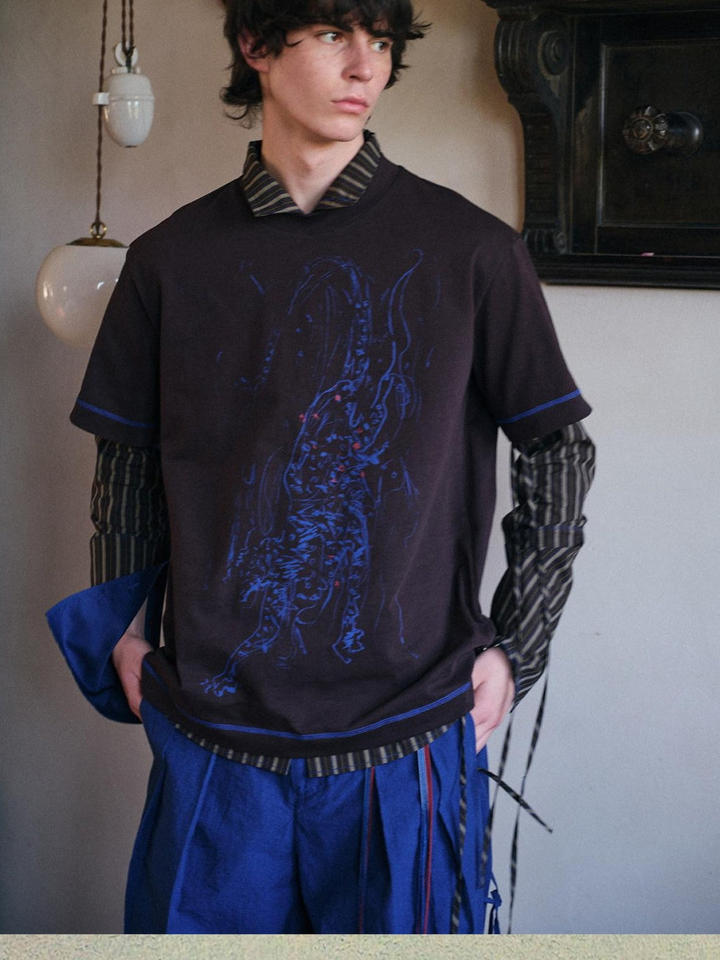 soknot Tibetan Blue Snow Leopard Print Loose Fit Men's Cotton Short Sleeve T-shirts