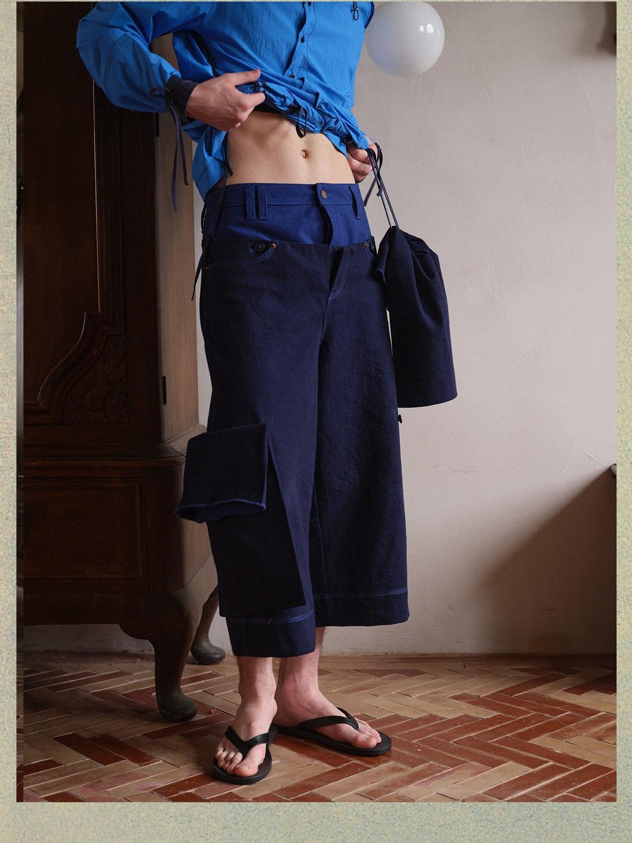 soknot Wide Leg Detachable Large Pocket Cropped Men's Denim Relaxed Jeans