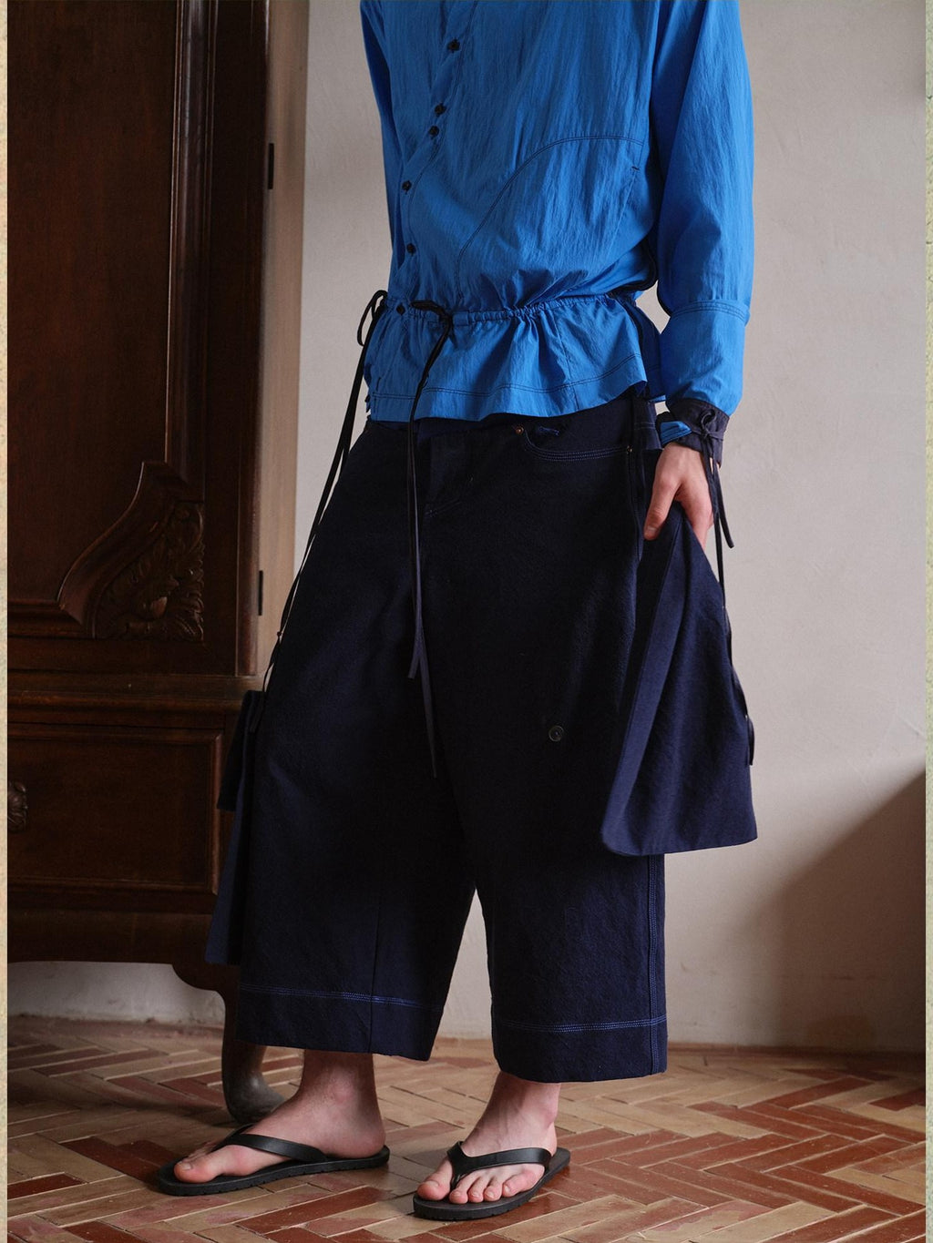 soknot Wide Leg Detachable Large Pocket Cropped Men's Denim Relaxed Jeans